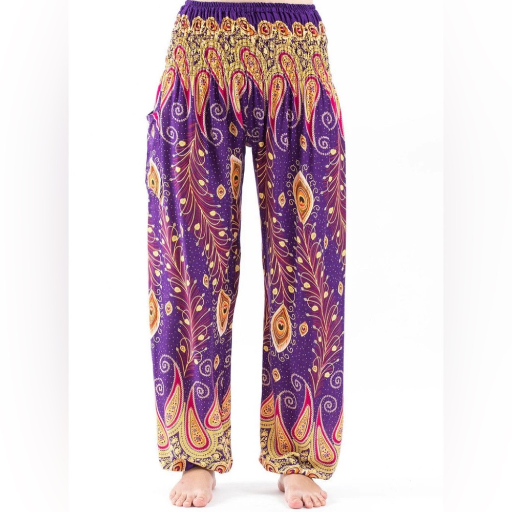 Yoga harem pants purple peacock feather paisley size L but will fit most NWOT